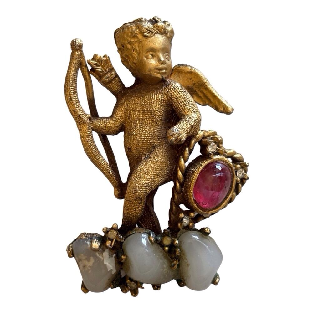 De Nicola Gold Tone Cupid W Bow Arrow Pin Brooch Vintage Pink Tourmaline Jewelry